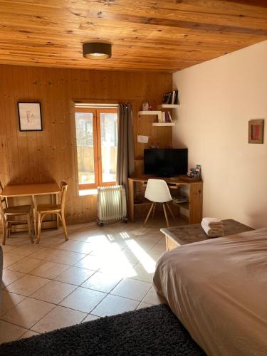 a bedroom with a bed and a desk in a room at Studio Serre Chevalier Briancon in Briançon
