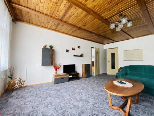 a living room with a green couch and a table at Harrachovský apartmán in Harrachov