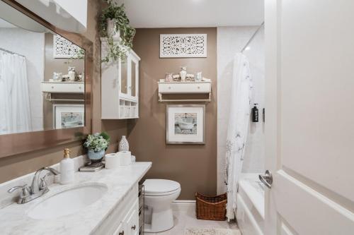 a bathroom with a sink and a toilet and a mirror at 4 Bedroom Stoney Creek Nature Oasis Sauna, Games & Luxury Comfort in Hamilton