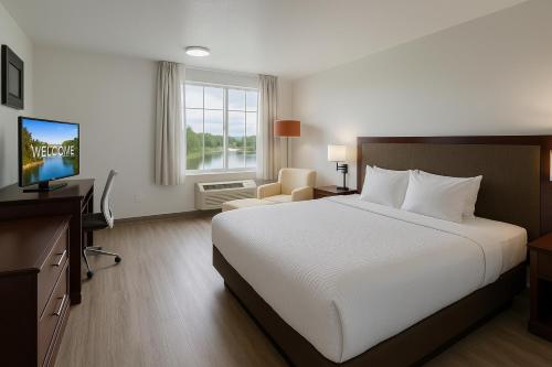 アイダホフォールズにあるClarion Inn Idaho Falls Riverfrontのベッドとテレビがあるホテルの部屋