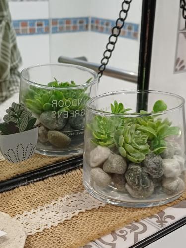 two glass vases with plants in them on a table at L'étoile du matin in Terville