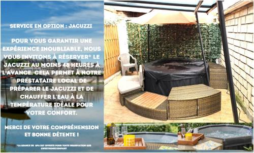 un dépliant pour un patio avec un gazebo dans l'établissement Maison familiale Terrasse Jacuzzi Parking sur place près d'Honfleur, à Équemauville