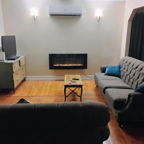 a living room with a couch and a fireplace at 6 Olivia Lane in Deer Lake