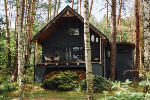 a black house in the woods with a deck at Chata u Jezera Holany in Holany