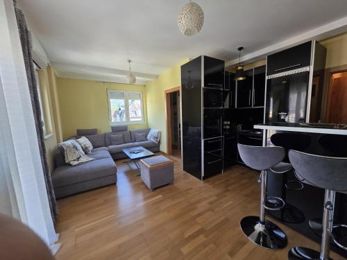 a living room with a couch and a kitchen at Apartmani Pezerović in Soko Banja