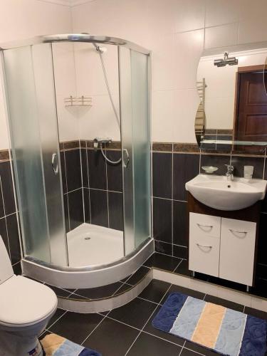 a bathroom with a shower and a toilet and a sink at Центрум Делюкс in Lviv