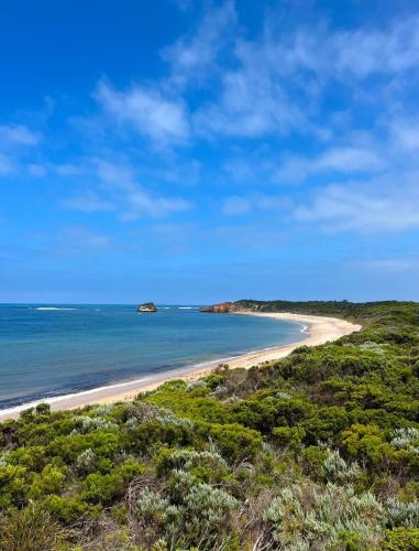 a beach on a hill with the ocean in the background at Ocean Road Retreat in Peterborough