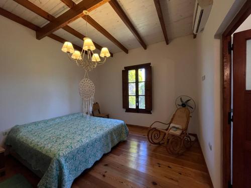 a bedroom with a bed and a chandelier at Casa-Quinta Citrino - Viña, Buenos Aires in Viña