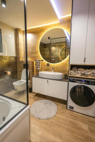 a bathroom with a sink and a toilet and a mirror at Villa Cocosinella Belgrade in Surčin