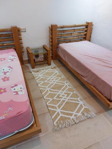 two beds in a room with rugs on the floor at Petite villa- Tamezrat- Kelibia in Kelibia
