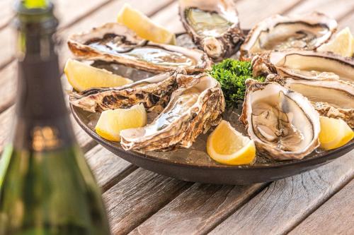 a plate of oysters on a table with lemon slices at Sparhof in Dranouter