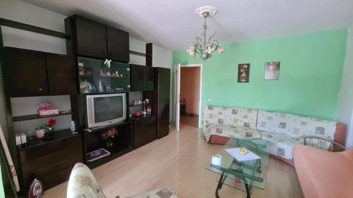 a living room with a couch and a tv at Spacious and Bright 2BR Apartment near City Center in Skopje