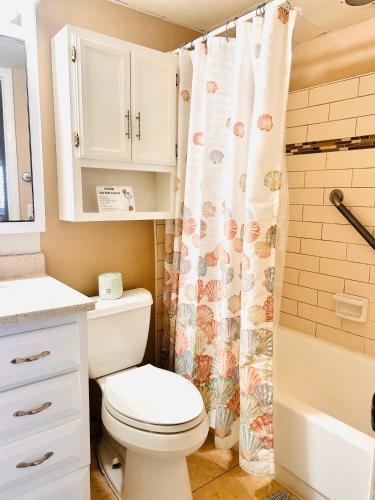 a bathroom with a toilet and a shower curtain at The Seahorse, a 2bed beach paradise in Fernandina Beach, swimming pool! in Fernandina Beach