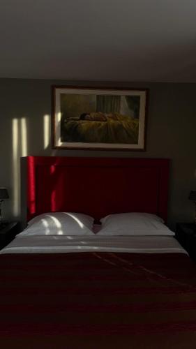 a bedroom with a bed with a red head board at Epavlis Meteora Suites Hotel in Kalabaka