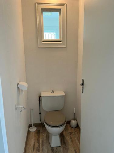 a bathroom with a toilet and a window at Maison BERDOT in Sévignac-Thèze