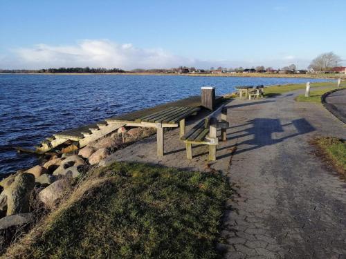 a bench sitting on the side of a body of water at 8 person holiday home in Hals-By Traum in Hals