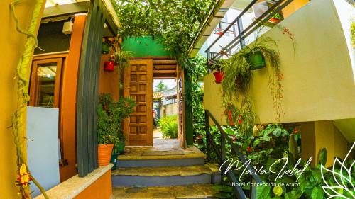 a hallway of a house with a door and plants at Hotel María Isabel Ataco in Concepción de Ataco