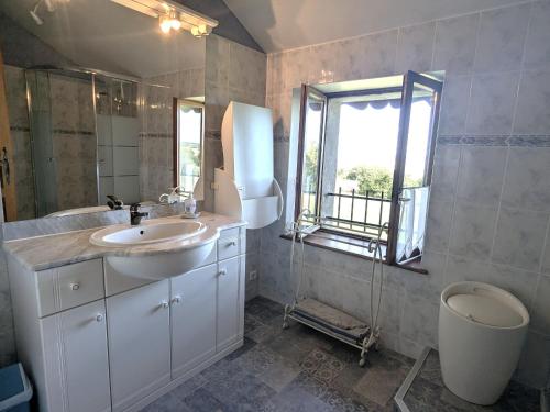 a bathroom with a sink and a mirror and a window at Gîte familial calme avec jardin, wifi et équipements bébé, animaux acceptés - FR-1-584-92 in Saint-Germain