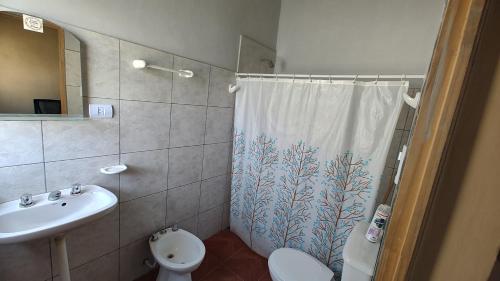 a bathroom with a shower curtain with a toilet and a sink at Depto Emma in Fiambala