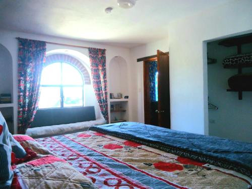 ein Schlafzimmer mit großem Bett und Fenster in der Unterkunft El Bello Jardín de Chela in Guanajuato