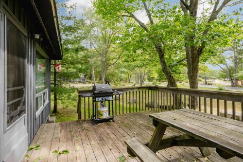 - un barbecue assis sur une terrasse à côté d'une table de pique-nique dans l'établissement 2-Bedroom Cottage #6 - Sand Bay, à Dillon
