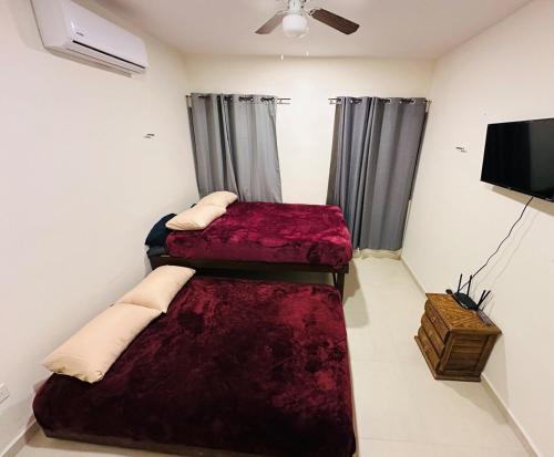 two beds in a room with a flat screen tv at Sumergete y Relajate, Nueva Residencia en Mérida in Mérida