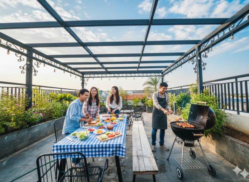 a group of people sitting around a table with a grill at Lunaria Two Bedroom Apartment - The Epicenter of Luxury and Convenience in Hanoi