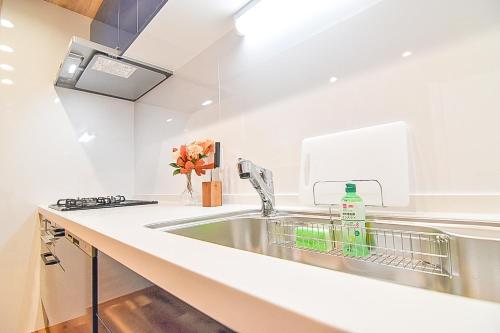a kitchen sink with a dish rack on the counter at MARIO House - Free Parking- in Osaka