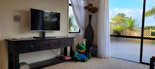 a toy sitting on the floor in front of a television at Elevated Family Sized Guest-house with Beautiful Views in Auckland