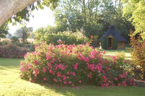 a garden with pink flowers in front of a house at Naboløs Rooms, near Munkebo, Kerteminde and Nyborg in Bovense