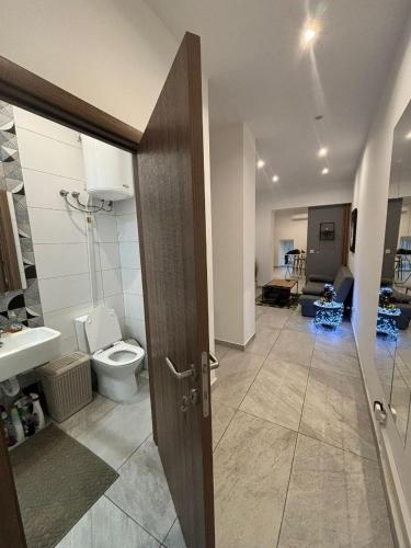 a bathroom with a toilet and a sink at Chic 2-BR Loft w and Yard in Pieta