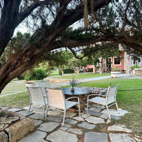a group of chairs and a table under a tree at Genari Beach Apartments -Family sea view apartment in Korakokhórion