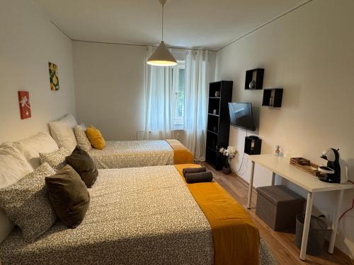 Un dormitorio con dos camas y un escritorio. en BaselStadt, en Basilea