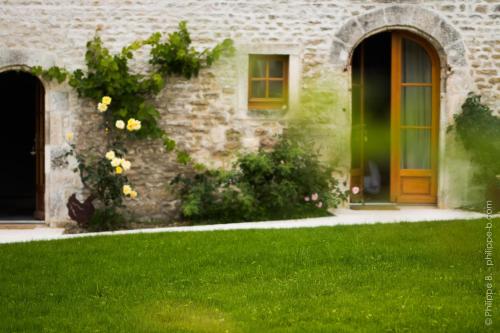 a stone house with a green door and a yard at Les Hauts De Chalonne in Le Gond-Pontouvre