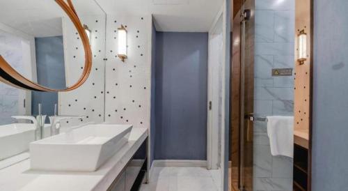 a bathroom with a white sink and a mirror at Jinjiang Metropolo Hotel Nanjing Confucius Temple Branch in Nanjing