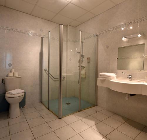 a bathroom with a shower and a toilet and a sink at Hôtel et appartements les platanes in Thueyts