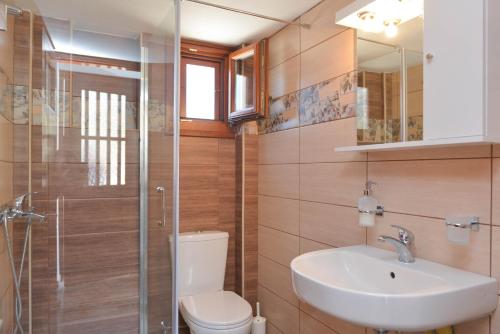 a bathroom with a toilet and a sink and a shower at Pension Afroditi in Apollonia