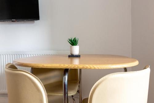 a table with a potted plant sitting on top of it at 2nd Floor Town Centre Apt with FREE Parking in Loughborough