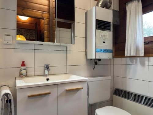 a small bathroom with a sink and a toilet at Blockhäuser auf Reiterhof in Eschede in Eschede