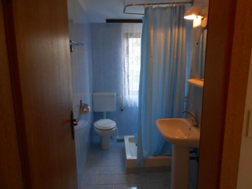 a blue bathroom with a toilet and a sink at Apartments Dora in Medulin