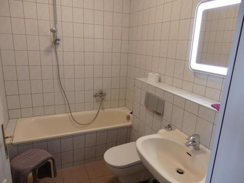a bathroom with a sink and a toilet and a tub at Zur Saale in Weißenfels