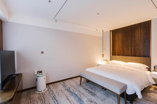 a bedroom with a large bed and a television at Wenjun Select Hotel, Changzhou in Changzhou