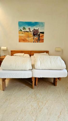 two beds sitting next to each other in a room at Wadi Dana Lodge - نزل وادي ضانا in Dana