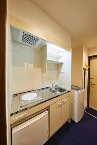 a small kitchen with a sink and a dishwasher at Kyoto Gojo T 京都五条ツイン in Kyoto