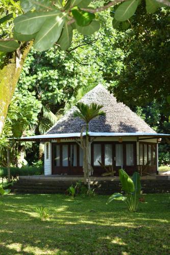 a small house with a palm tree in the grass at Villa zakitoo in Sainte Marie