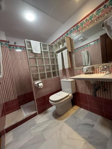 a bathroom with a toilet and a shower and a sink at Hotel La Española in Chipiona