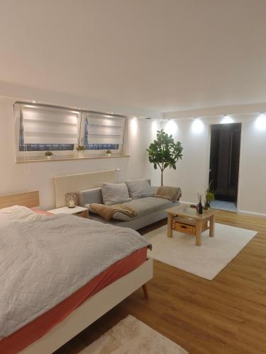 a bedroom with a bed and a couch at Ruhige FeWo Soutterainwohnung im Grünen in Hamburg