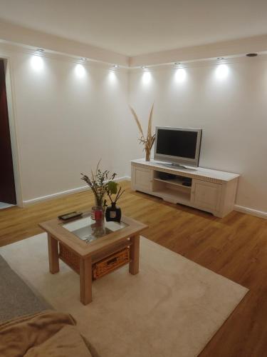 a living room with a tv and a coffee table at Ruhige FeWo Soutterainwohnung im Grünen in Hamburg