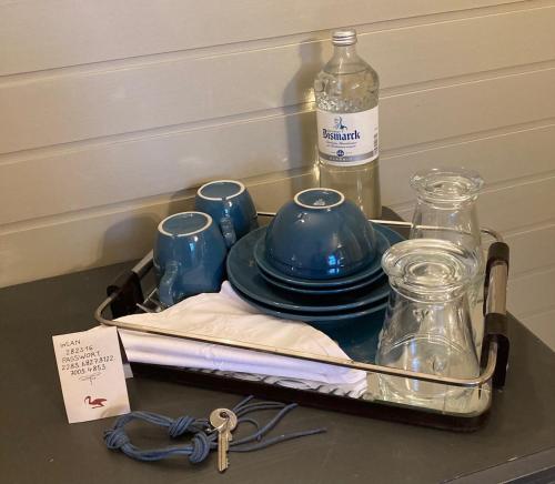 a tray with a tea pot and glasses and a bottle at Schwalbennest in Uetersen