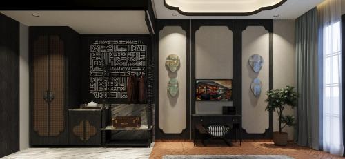 a living room with black and white walls at Seashell Samssara Havelock in Havelock Island
